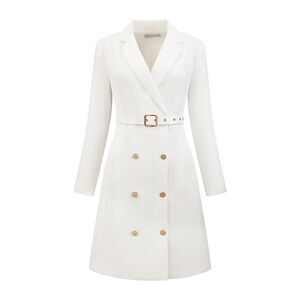 Women's Tweed Dress Double Breasted Long Sleeve Blazer Dress with Belt White